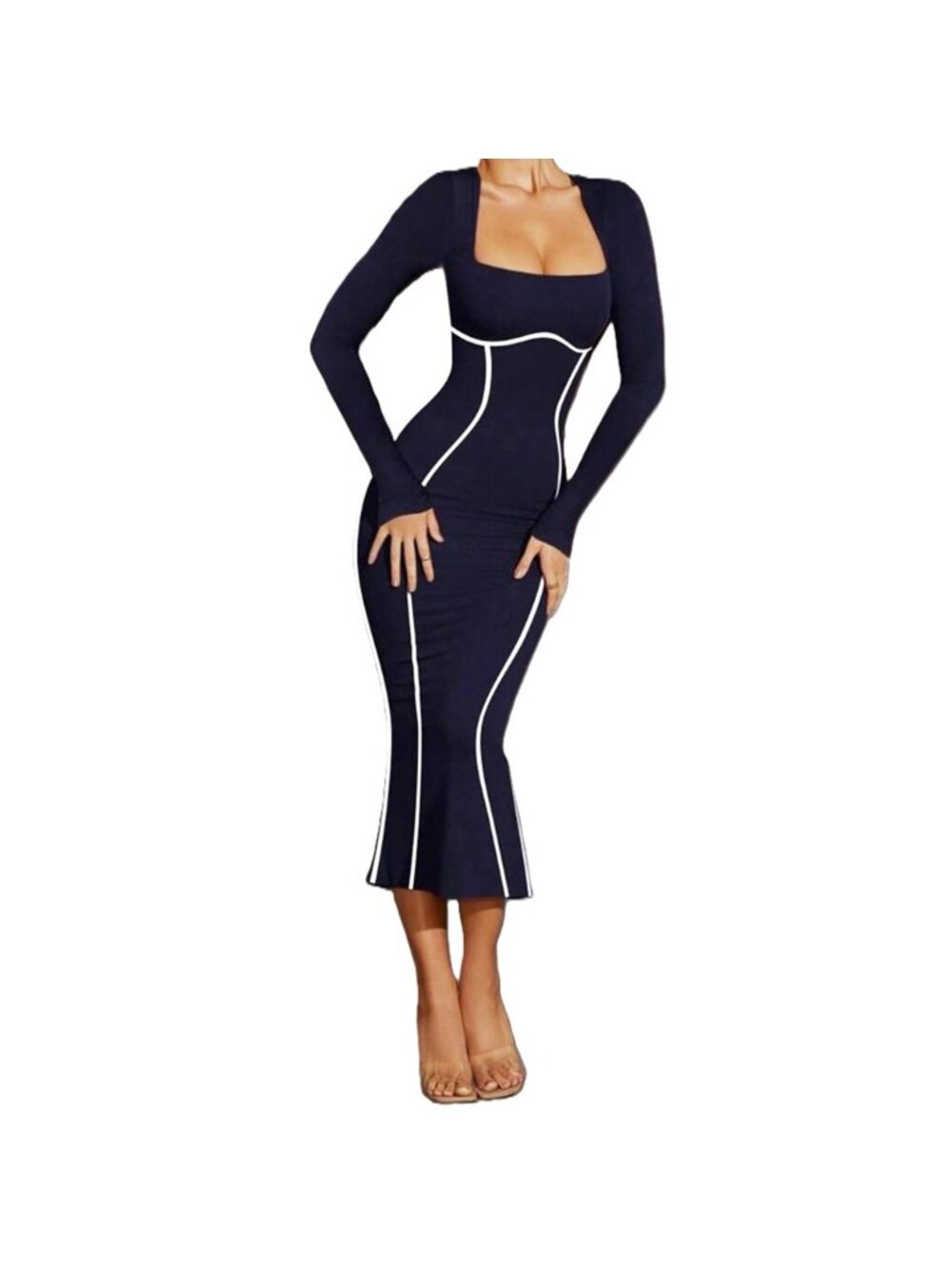 Square Neck LS Dress Contrast Binding Cocktail Maxi Slit Dark Navy Blue Small
